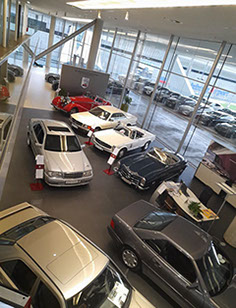 Showroom with classic Mercedes-Benz cars